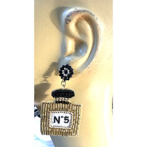 Beaded N5 Gold & Black Post Earrings Sexy 2.75" Drop Holiday Gifts Christmas